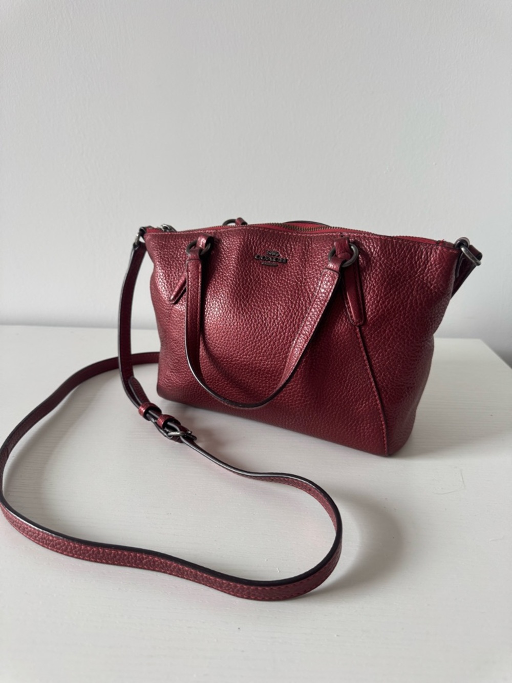 Coach Kelsey Pebbled Leather/Gunmetal Crossbody Satchel in Dark Red/Cherry C497